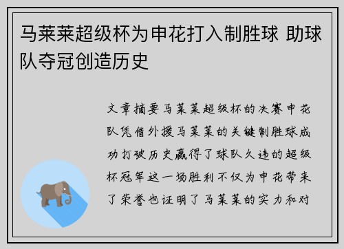 马莱莱超级杯为申花打入制胜球 助球队夺冠创造历史